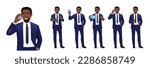 Handsome African business man in suit with gadgets phone and tablet set isolated vector illustration