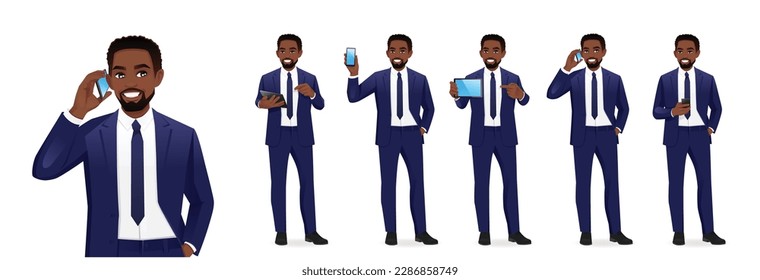 Un hombre de negocios africano con traje con gadgets teléfono y tableta ilustración vectorial aislada