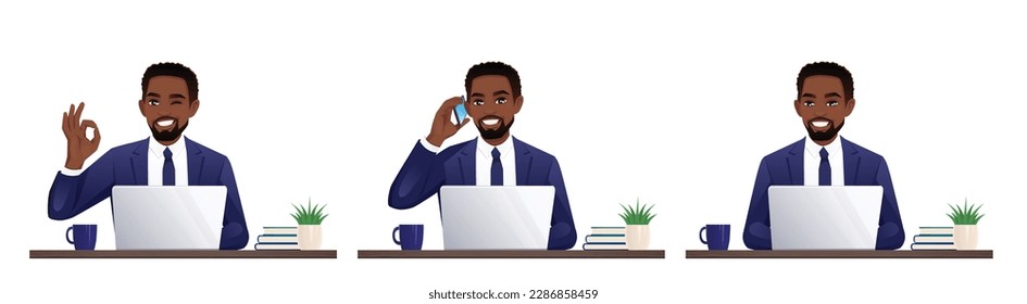 Handsome African business young man using laptop computer sitting at the desk isolated vector illustration