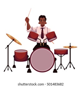Handsome African male drummer playing drums, cartoon vector illustration isolated on white background. Front view of black man in white shirt and tie playing drums