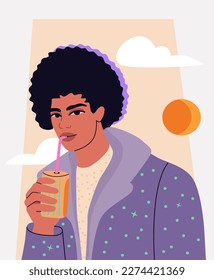 Ein gut aussehender afrikanischer Mann, der durch einen Strohhalm ein alkoholfreies Getränk trinkt. Cartoonisches Porträt eines Mannes mit natürlichem afro Haar. Retro futuristisches Poster.
