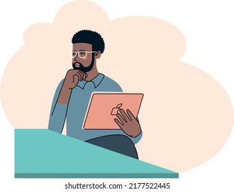 Handsome afro american man thinking about project with tablet. Vector flat modern minimalist illustration