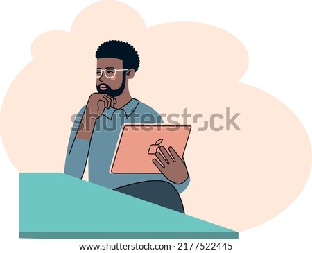 Handsome afro american man thinking about project with tablet. Vector flat modern minimalist illustration