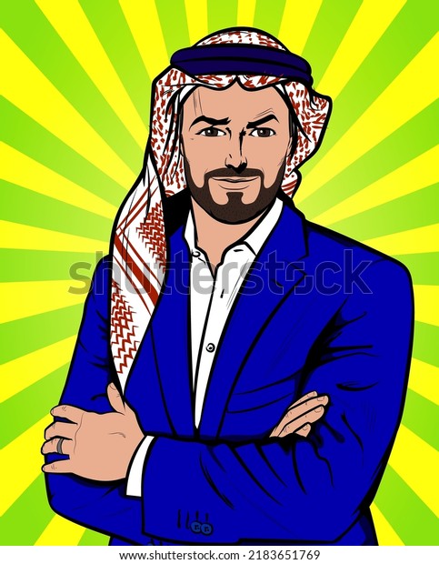 Handsome Arab businessman. Portrait of a smiling\
Middle-Eastern ethnicity businessman with arms crossed, wearing a\
kaffiyeh turban. Vector illustration in Comic Book Pop Art retro\
vintage style