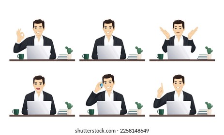 Handsome asian business young man using laptop computer sitting at the desk isolated vector illustration