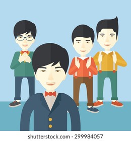 A handsome asian businessmen happy standing showing for their successful in life. . A Contemporary style with pastel palette, soft blue tinted background. Vector flat design illustration. Square