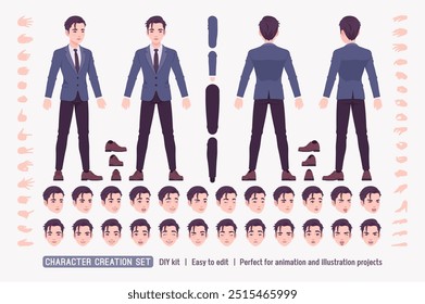 Handsome Asian guy DIY character creation set. Confident millennial successful company leader body figure parts. Head, leg, hand gestures, different emotions, construction kit. Vector illustration