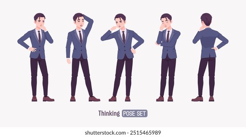 Handsome Asian guy, thoughtful thinking young businessman wearing formal outfit set, professional portrait. Confident serious successful company leader, enthusiastic employer. Vector illustration