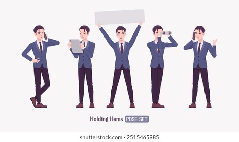 Handsome Asian guy, young businessman active engaged worker set, standing pose professional portrait. Confident serious millennial successful company leader, enthusiastic employer. Vector illustration