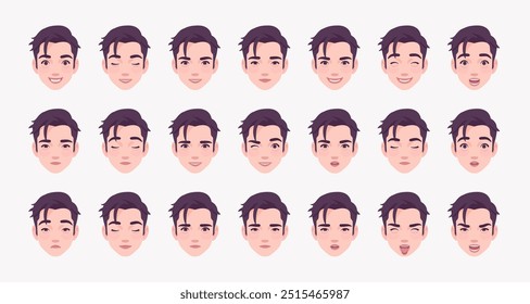 Handsome Asian guy, young businessman emotion set, consultant manager, confident employer, millennial entrepreneur bundle portrait. Face icons, facial expression feature pic. Vector illustration