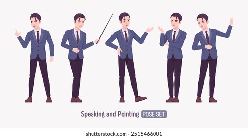 Handsome Asian guy, young businessman presentation, speaker set, presenter consulting, training. Confident serious millennial successful company leader, enthusiastic employer. Vector illustration