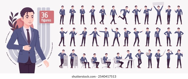 Handsome Asian guy, young businessman character set, office life bundle. Confident active project leader co-working space poses, ceo conversation, employee engaged situations. Vector illustration