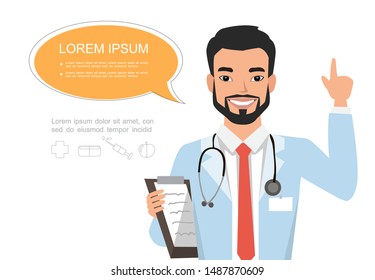 Handsome asian male doctor raising up his finger to give advice or recommendation. Hospital worker speaking with speech bubble and holding clipboard.