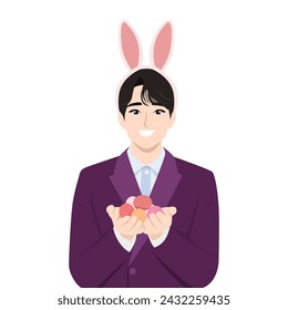 Handsome asian man with an easter bunny hat holding easter eggs. Flat vector illustration isolated on white background