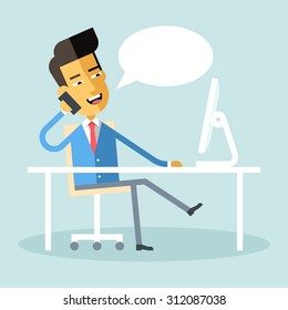 Handsome asian manager in formal suit sitting legs crossed at the desk with a computer and talking on cell phone. Cartoon character - asian businessman. Stock vector illustration style flat. 