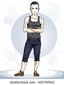 Handsome athletic brunet young man posing. Vector illustration of sportsman. Work out and training theme.