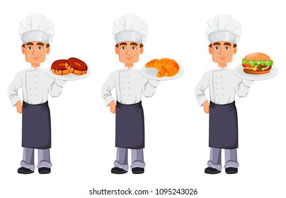 Handsome baker in professional uniform and chef hat, set of three poses. Cheerful cartoon character holding donuts, holding croissants and holding cheeseburger. Vector illustration