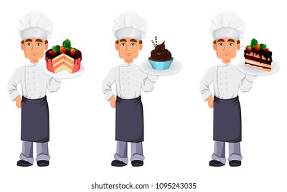 Handsome baker in professional uniform and chef hat, set of three poses. Cheerful cartoon character holding cakes. Vector illustration on white background.