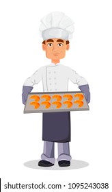 Handsome baker in professional uniform and chef hat holding baking tray with croissants. Cheerful cartoon character. Vector illustration on white background.