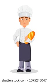 Handsome baker in professional uniform and chef hat holding fresh loaves. Cheerful cartoon character. Vector illustration on white background.