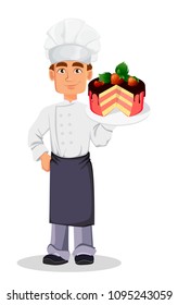 Handsome baker in professional uniform and chef hat holding cake with chocolate and strawberries. Cheerful cartoon character. Vector illustration on white background.
