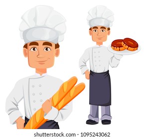 Handsome baker in professional uniform and chef hat, set. Cheerful cartoon character holding baguette and holding donuts. Vector illustration on white background.