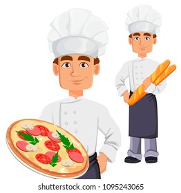 Handsome baker in professional uniform and chef hat, set. Cheerful cartoon character holding pizza and holding baguette. Vector illustration on white background.