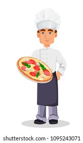 Handsome baker in professional uniform and chef hat holding tasty pizza. Cheerful cartoon character. Vector illustration on white background.