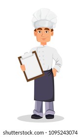 Handsome baker in professional uniform and chef hat holding clipboard. Cheerful cartoon character. Vector illustration on white background.