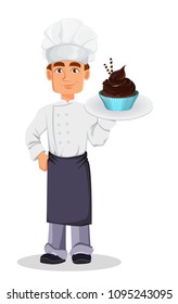 Handsome baker in professional uniform and chef hat holding chocolate cake on plate. Cheerful cartoon character. Vector illustration on white background.