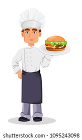 Handsome baker in professional uniform and chef hat holding tasty cheeseburger. Cheerful cartoon character. Vector illustration on white background.