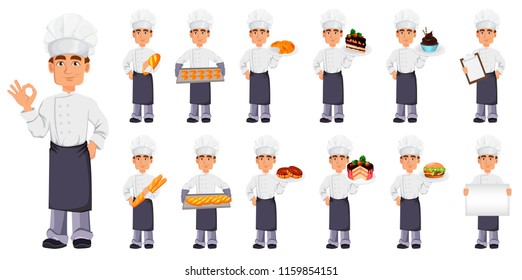 Handsome baker in professional uniform and chef hat, set of thirteen poses. Cheerful cartoon character. Vector illustration on white background.