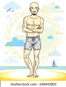 Handsome bald adult man with stylish beard standing on tropical beach in bright shorts. Vector nice and sporty man illustration. Summertime theme clipart.