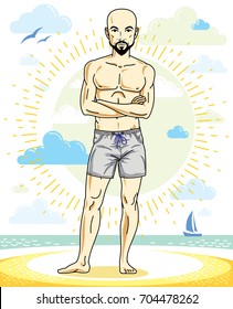 Handsome bald adult man with stylish beard and whiskers standing on tropical beach in bright shorts. Vector nice and sporty man illustration. Summertime theme clipart.