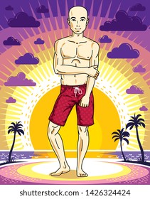 Handsome bald man poses in red shorts on background of sunset landscape with palms. Vector character. Summer holidays theme.