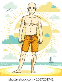 Handsome bald man posing on tropical beach in colorful shorts. Vector character. Summer holidays theme.