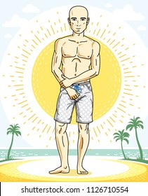 Handsome bald man posing on tropical beach in colorful shorts. Vector character. Summer holidays theme.