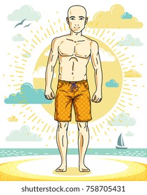 Handsome bald man posing on tropical beach in colorful shorts. Vector character. Summer holidays theme.