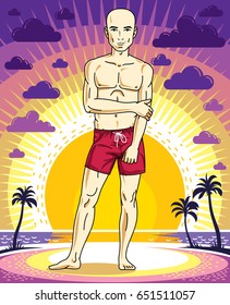 Handsome bald man is standing on sunset landscape with palms and wearing beachwear shorts. Vector human illustration. Summer vacation theme.