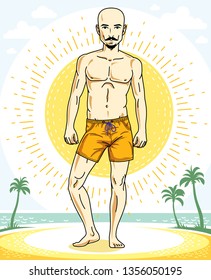 Handsome bald man with stylish beard and whiskers posing on tropical beach in colorful shorts. Vector character. Summer holidays theme.
