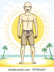 Handsome bald man with stylish whiskers posing on tropical beach in colorful shorts. Vector character. Summer holidays theme.