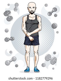 Handsome bald young man with beard and mustaches is standing on simple background with dumbbells and barbells. Vector illustration of sportsman.  Active and healthy lifestyle theme cartoon.