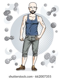 Handsome bald young man with beard and mustaches is standing on simple background with dumbbells and barbells. Vector illustration of sportsman.  Active and healthy lifestyle theme cartoon.