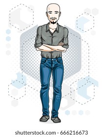 Handsome bald young man with beard and whiskers poses on modern background with hexagons. Vector illustration of male. Lifestyle theme clipart.
