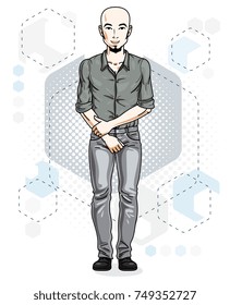 Handsome bald young man with beard poses on modern background with hexagons. Vector illustration of male. Lifestyle theme clipart.
