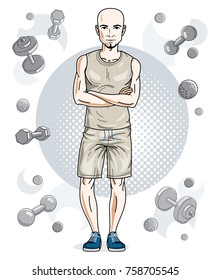 Handsome bald young man with beard poses on simple background with dumbbells and barbells. Vector illustration of sportsman. Work out and training theme.