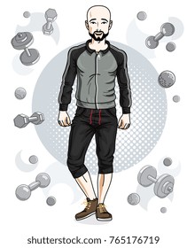 Handsome bald young man with beard and mustaches is standing on simple background with dumbbells and barbells. Vector illustration of sportsman.  Active and healthy lifestyle theme cartoon.