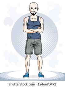 Handsome bald young man standing. Vector illustration of sportsman with beard and whiskers.  Active and healthy lifestyle theme cartoon.