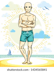 Handsome bald young man standing on tropical beach in bright shorts. Vector athletic male illustration. Summer vacation lifestyle theme cartoon.