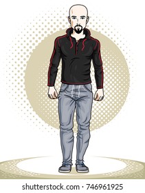 Handsome bald young man standing. Vector illustration of sportsman with beard and whiskers.  Active and healthy lifestyle theme cartoon.